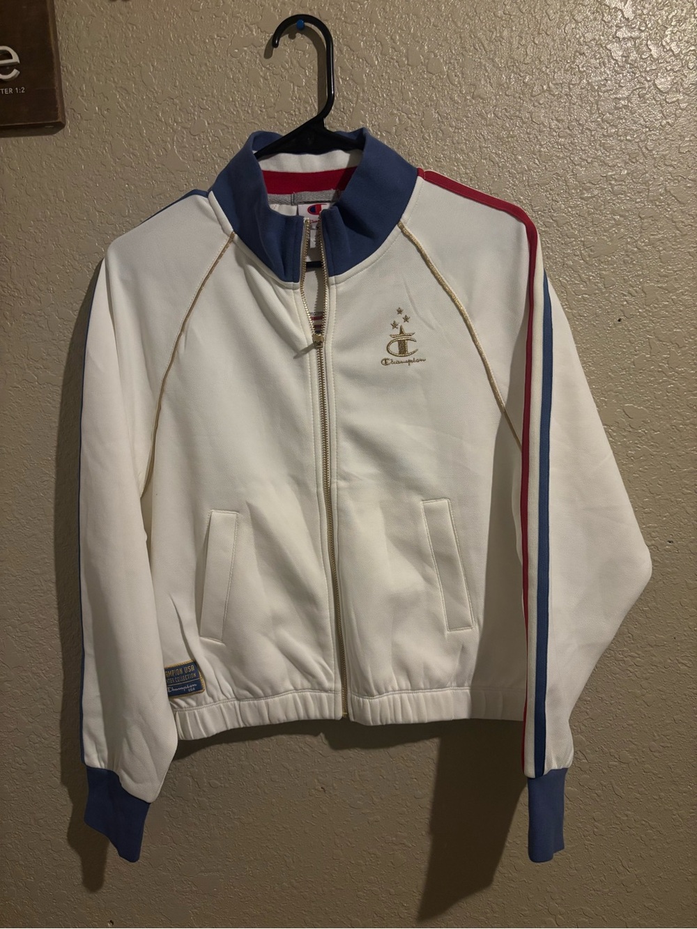 Champion White Jacket with Red & Blue Accents